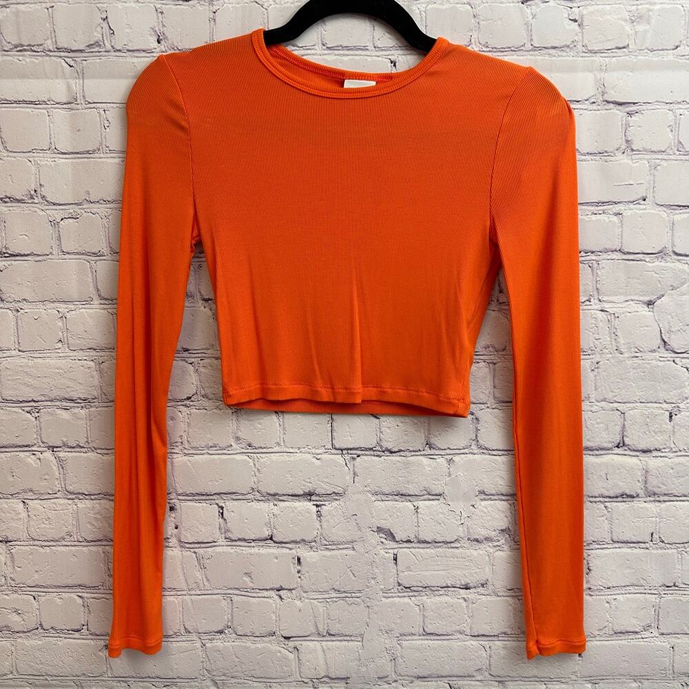 Sunday Best Long Sleeve Ribbed Crop Top Tangerine Orange Women's Small Festival